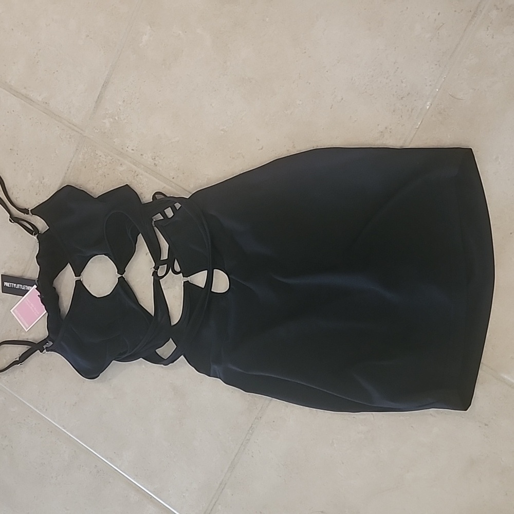 NWT. PLT. Black Strappy Mesh Detail Cut Out Bodycon Dress. Size US 8